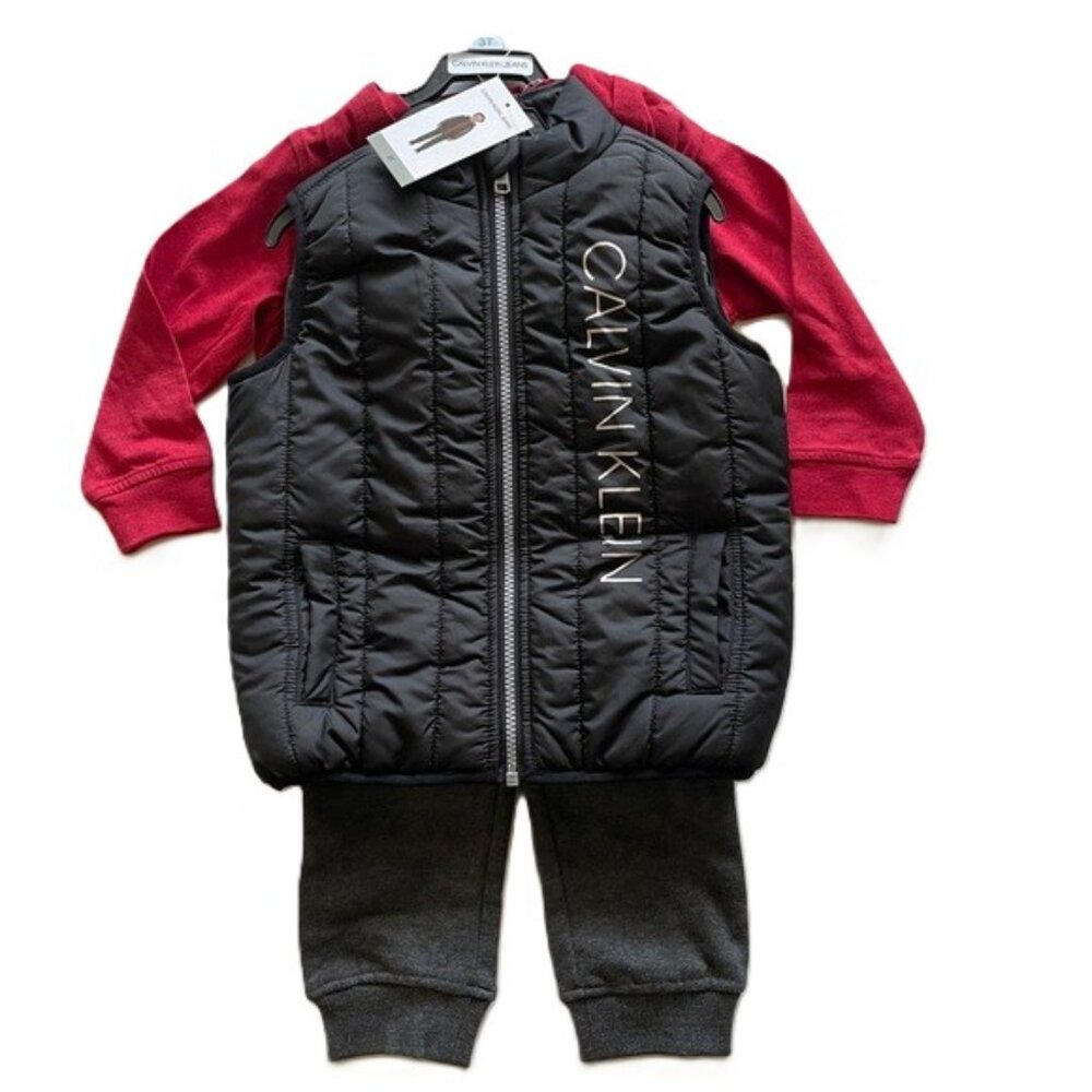 Calvin Klein Jeans 3-Piece Vest Long Sleeve Sweatpants Set Boys 3T Black Red NWT